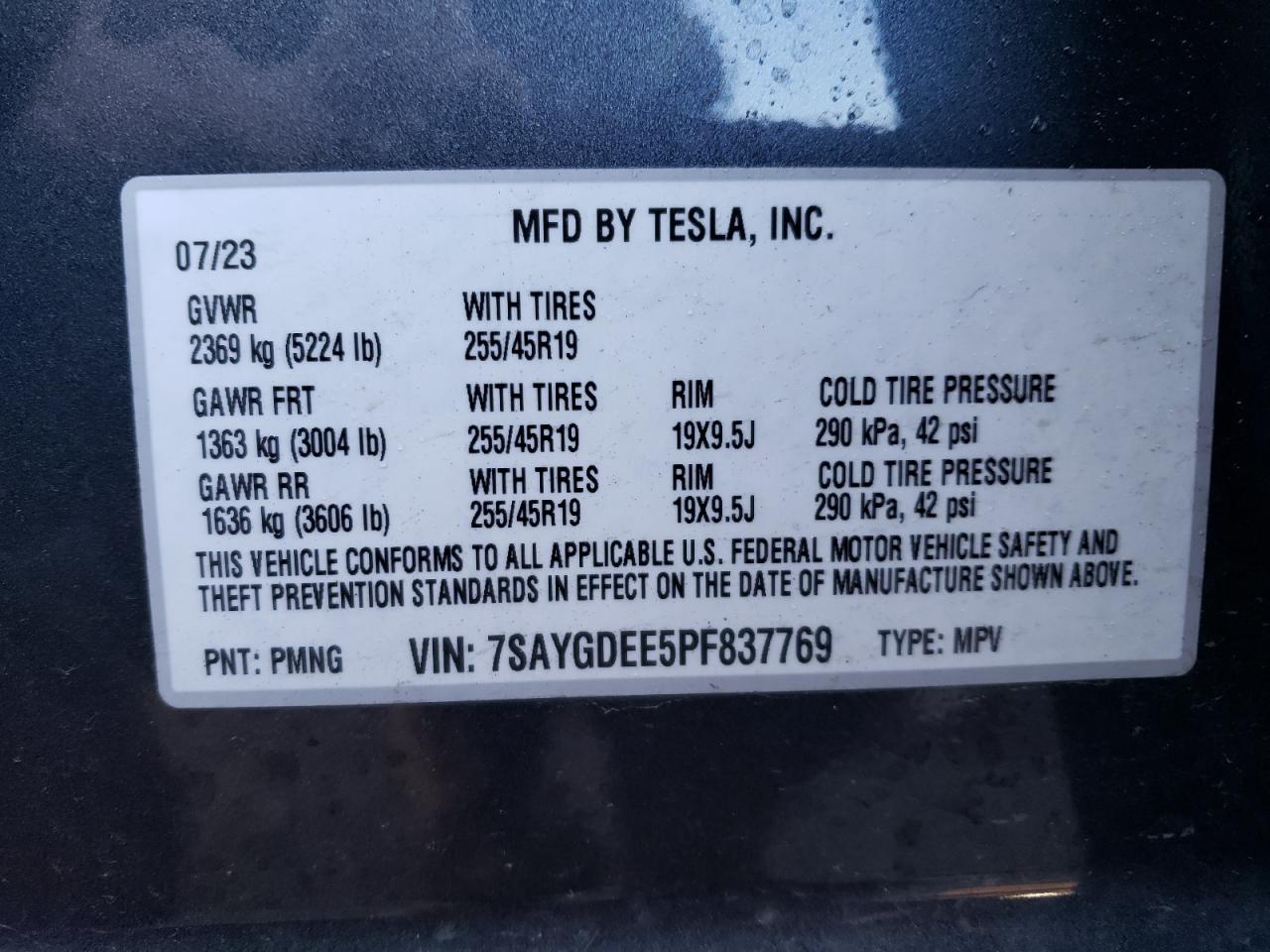 2023 TESLA MODEL Y VIN:7SAYGDEE5PF837769