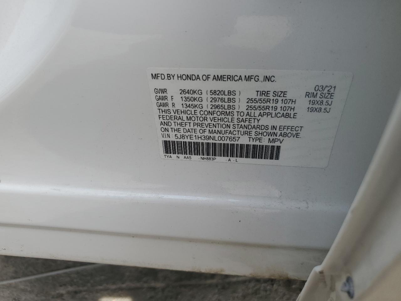 2022 ACURA MDX VIN:5J8YE1H39NL007657