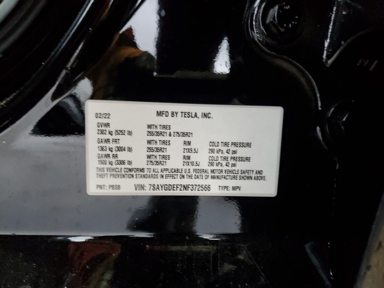 2022 TESLA MODEL Y VIN:7SAYGDEF2NF372566