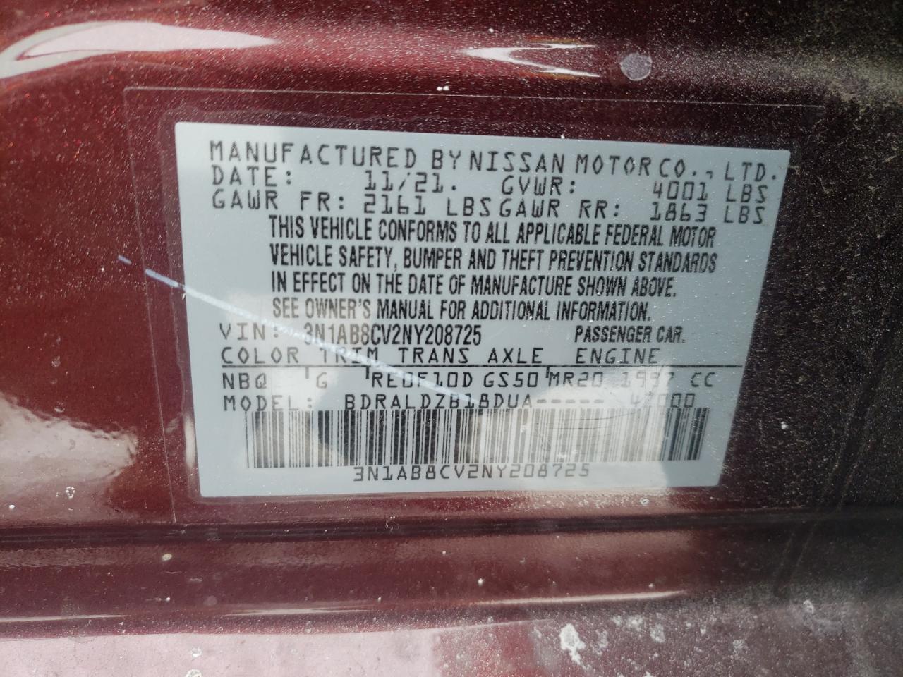 2022 NISSAN SENTRA SV VIN:3N1AB8CV2NY208725