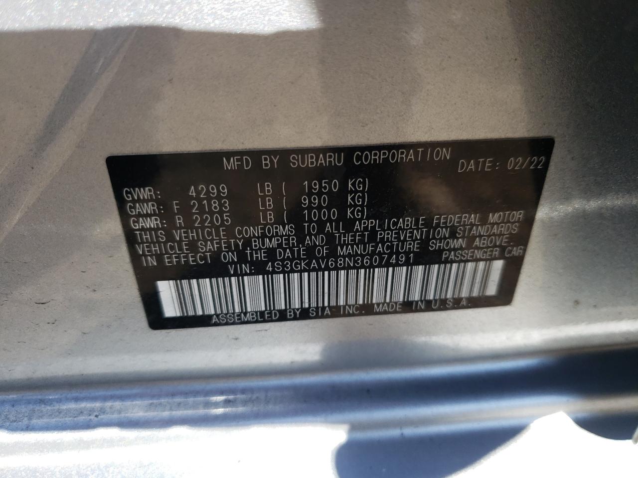 2022 SUBARU IMPREZA PREMIUM VIN:4S3GKAV68N3607491