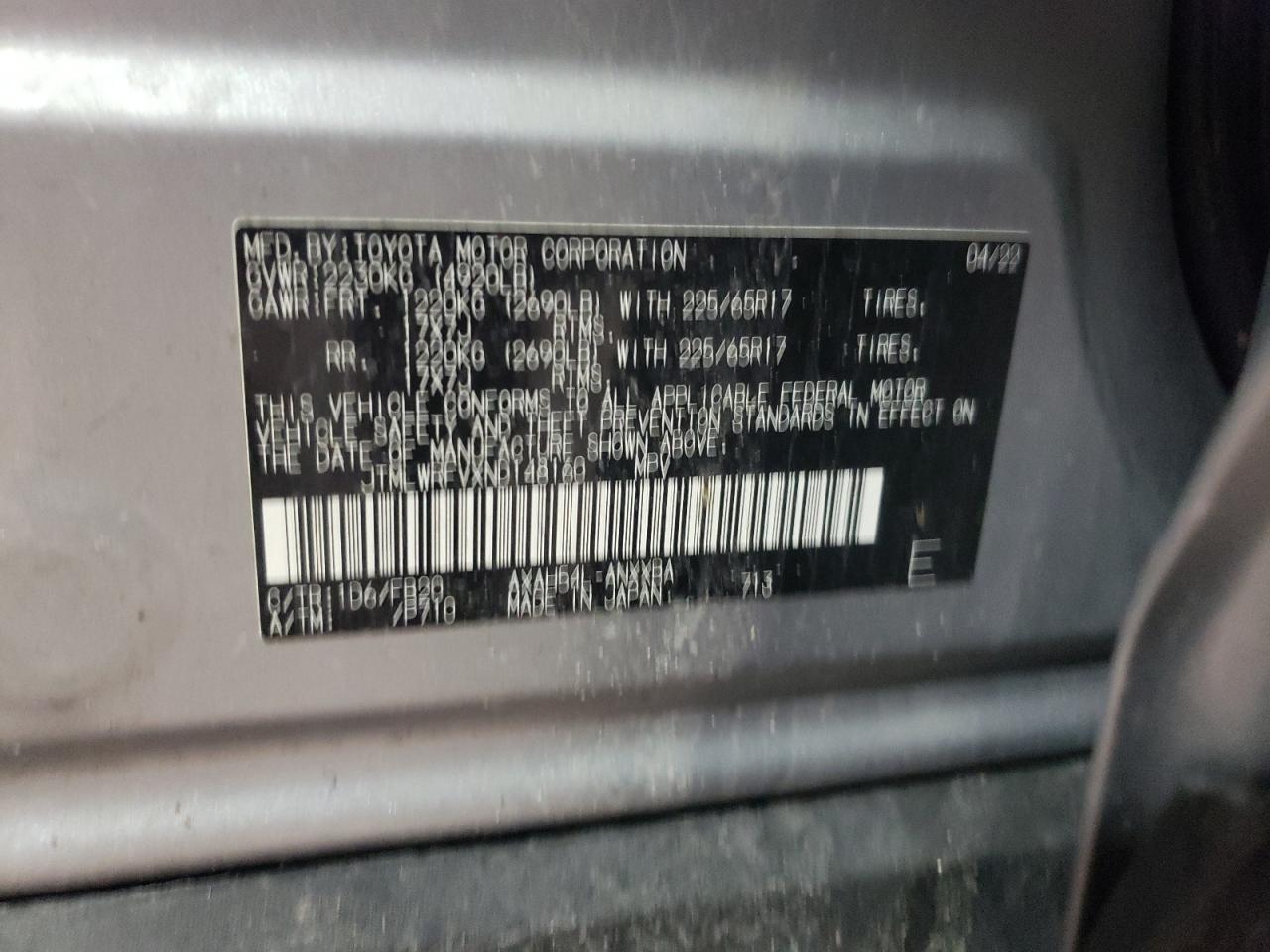 2022 TOYOTA RAV4 LE VIN:JTMLWRFVXND148160