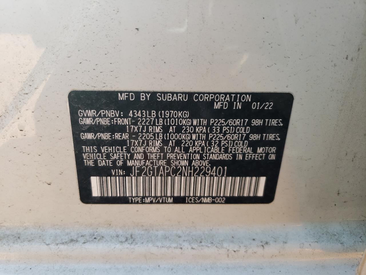 2022 SUBARU CROSSTREK PREMIUM VIN:JF2GTAPC2NH229401
