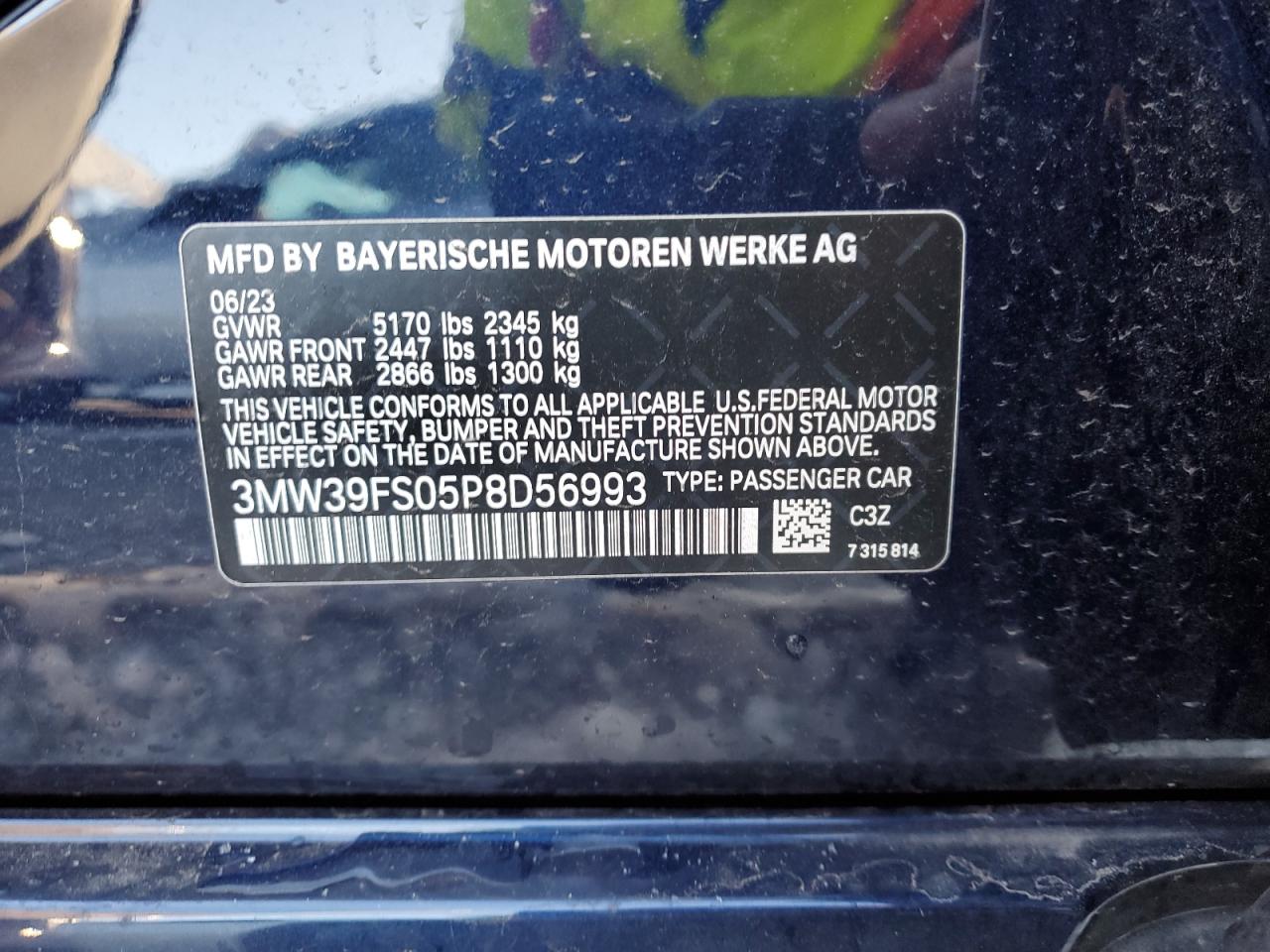 2023 BMW 330XE VIN:3MW39FS05P8D56993