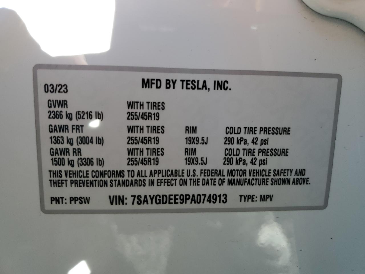 2023 TESLA MODEL Y VIN:7SAYGDEE9PA074913