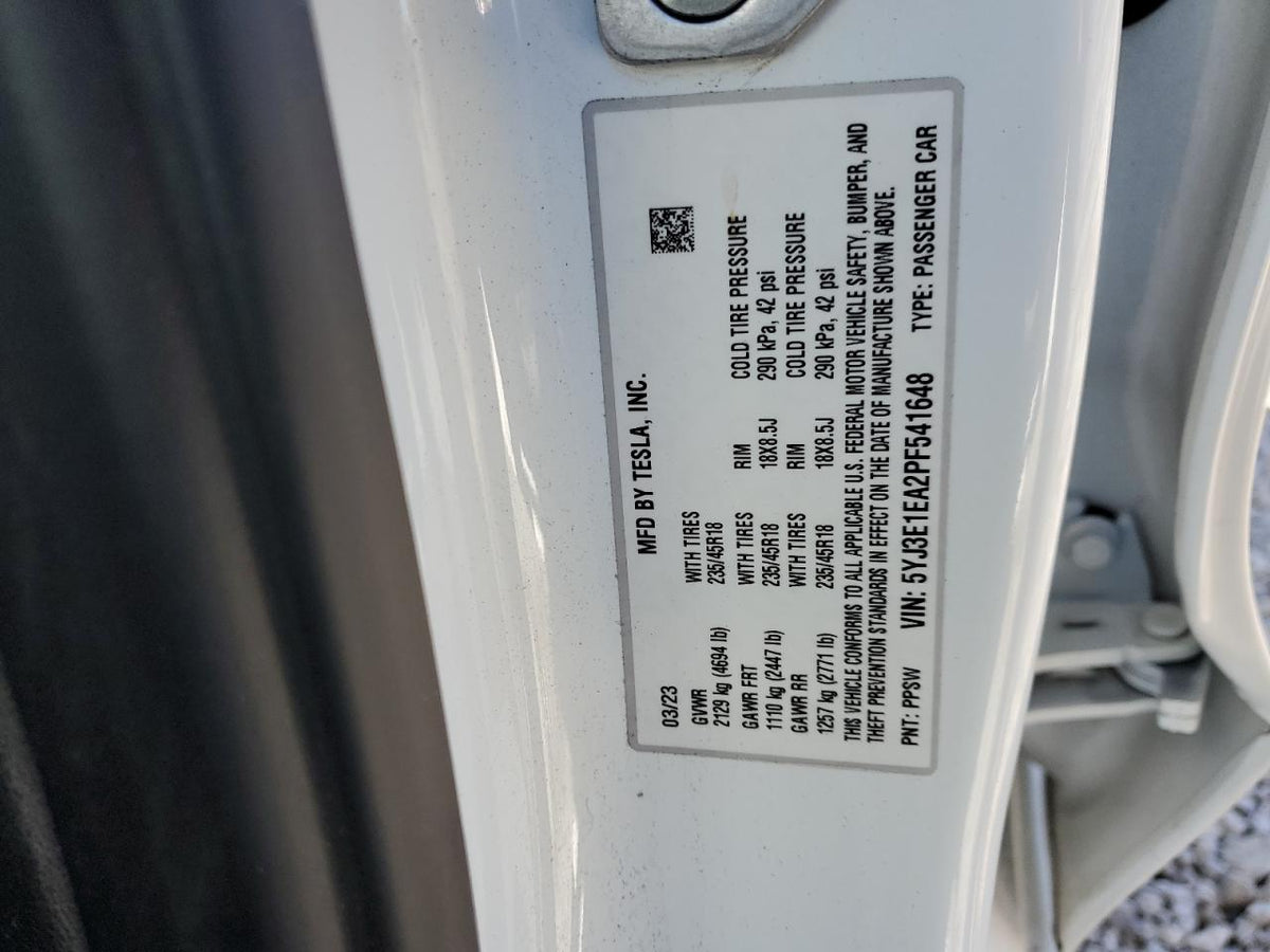 2023 TESLA MODEL 3 VIN:5YJ3E1EA2PF541648