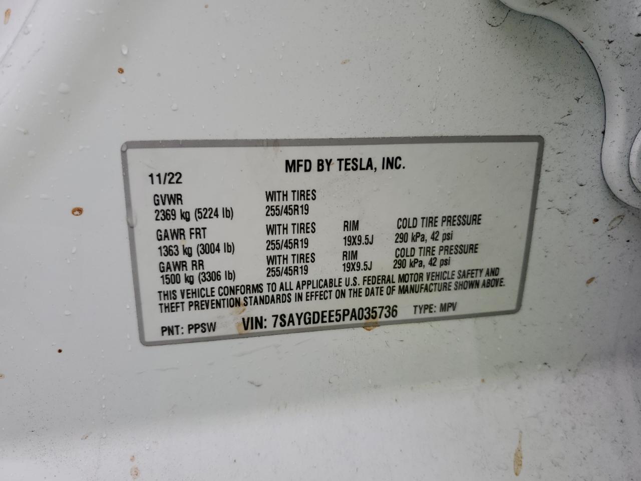 2023 TESLA MODEL Y VIN:7SAYGDEE5PA035736