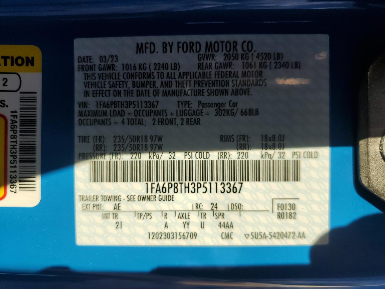 2023 FORD MUSTANG VIN:1FA6P8TH3P5113367