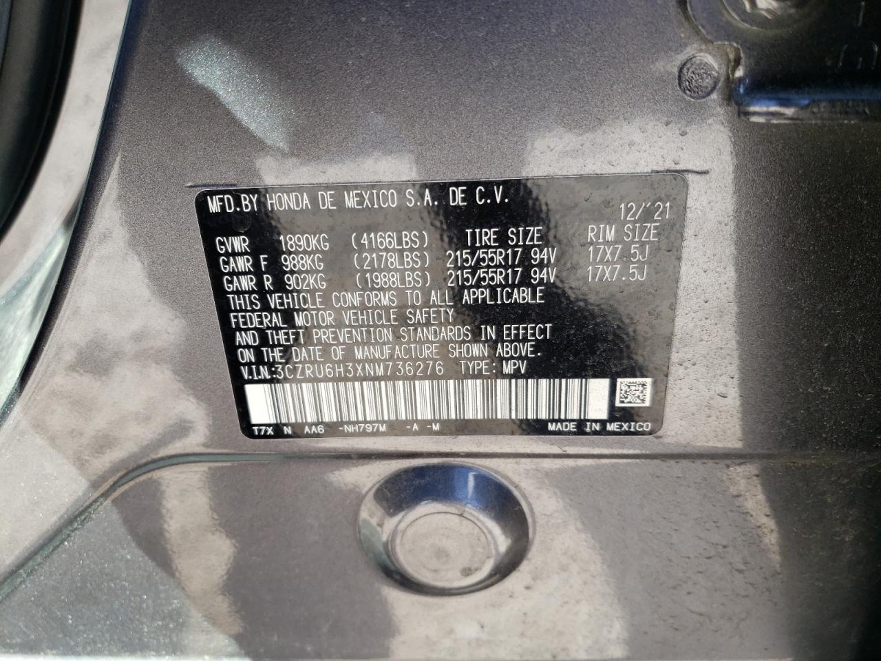 2022 HONDA HR-V LX VIN:3CZRU6H3XNM736276