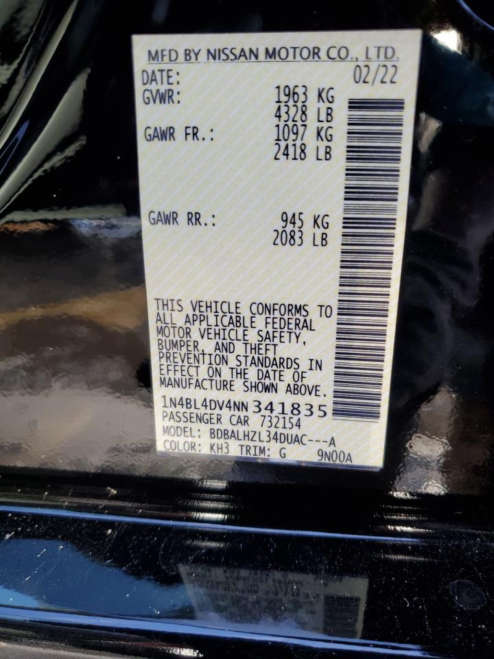 2022 NISSAN ALTIMA SV VIN:1N4BL4DV4NN341835