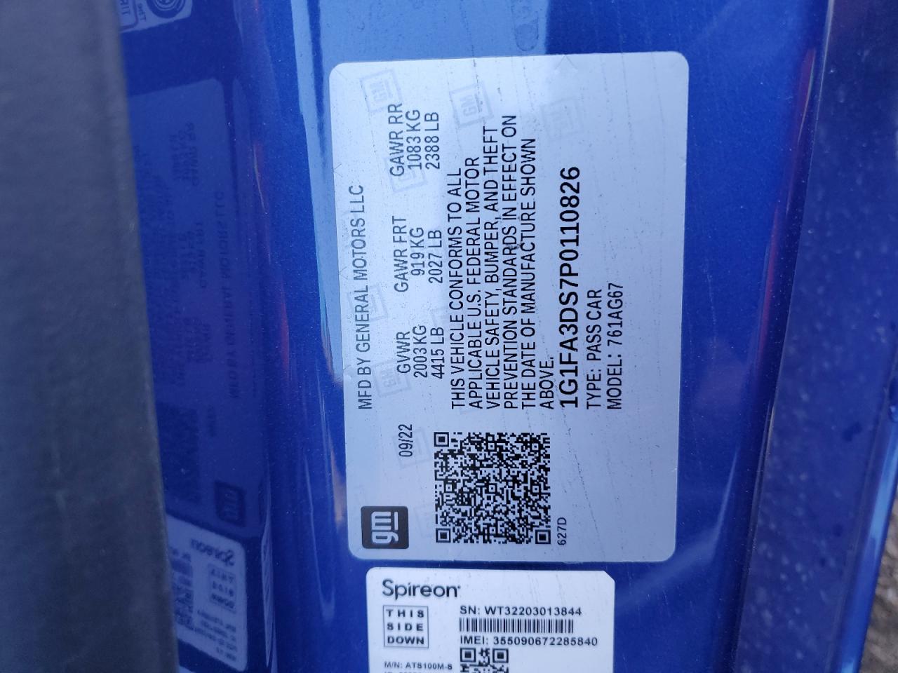 2023 CHEVROLET CAMARO LS VIN:1G1FA3DS7P0110826