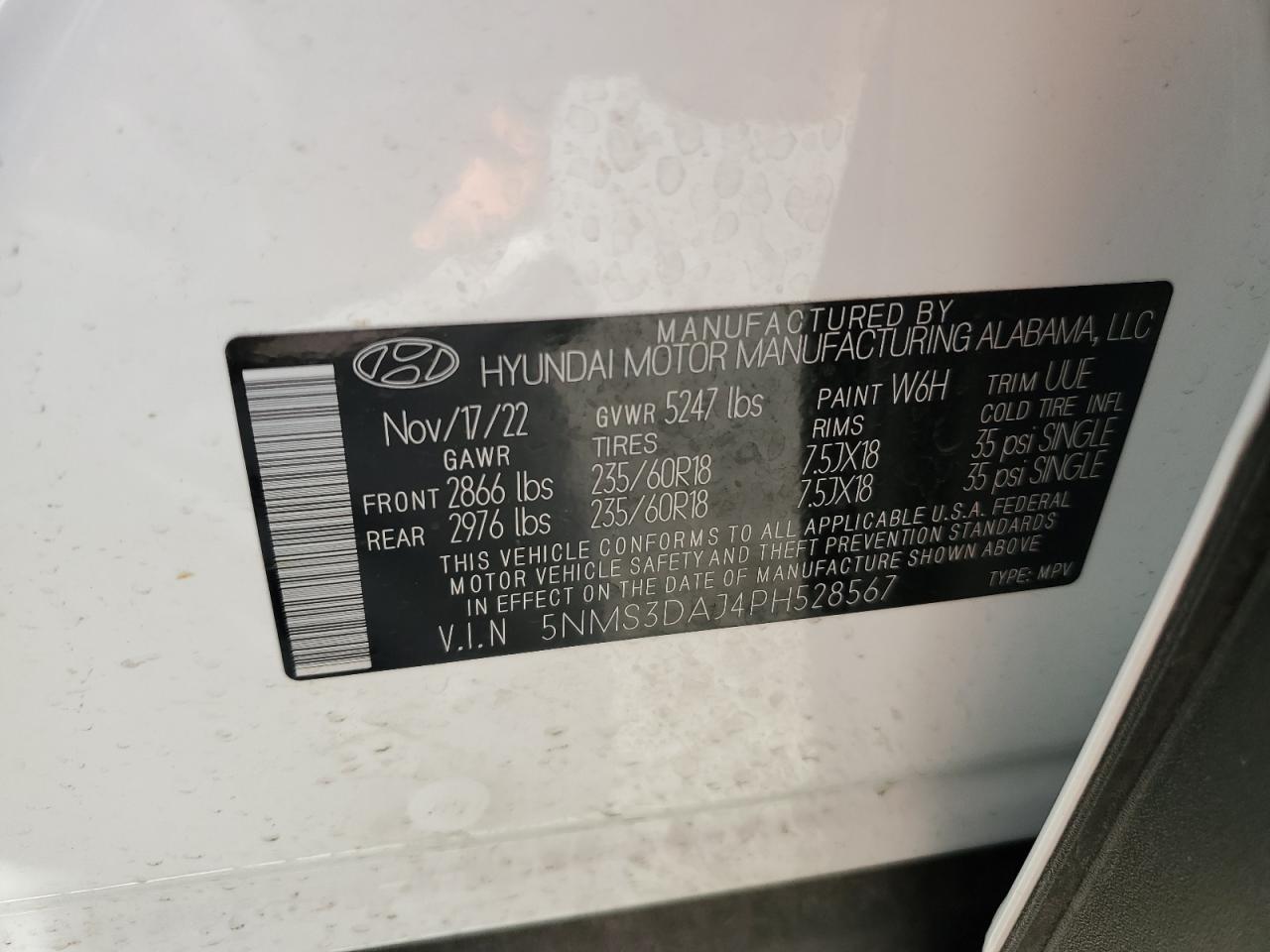 2023 HYUNDAI SANTA FE SEL PREMIUM VIN:5NMS3DAJ4PH528567