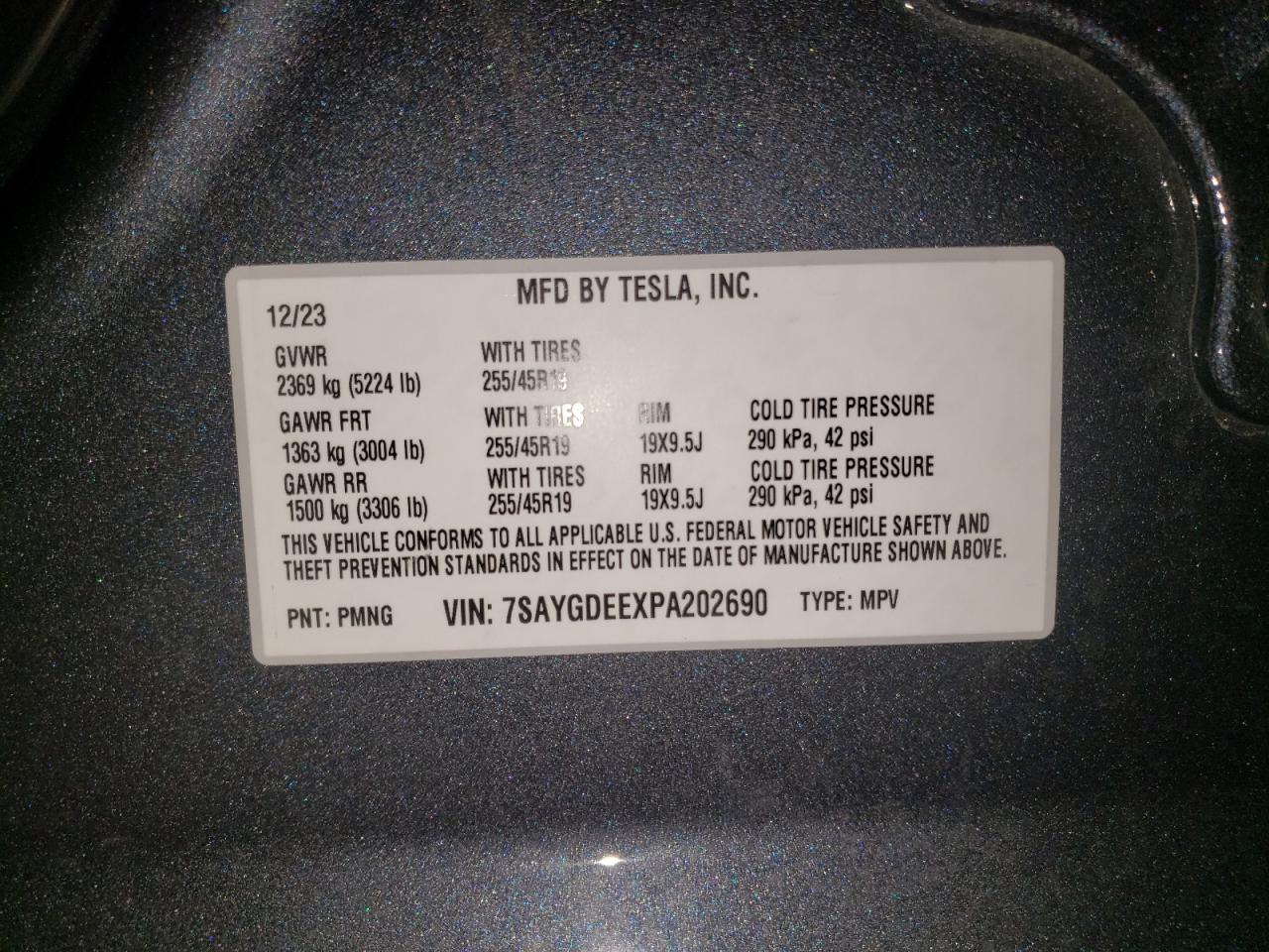 2023 TESLA MODEL Y VIN:7SAYGDEEXPA202690