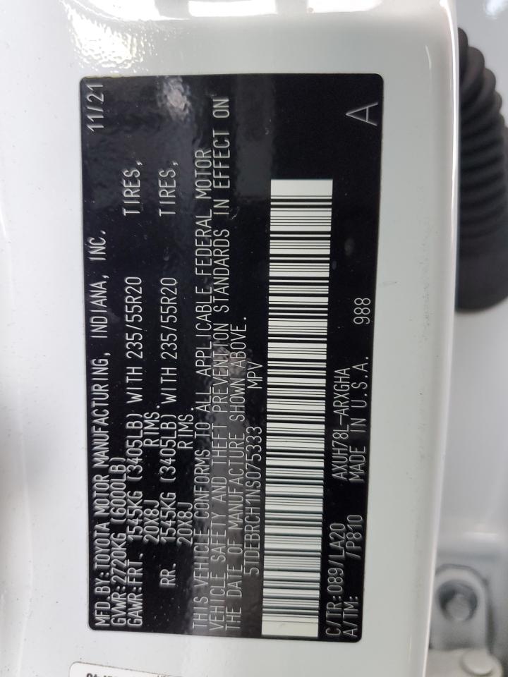 2022 TOYOTA HIGHLANDER HYBRID PLATINUM VIN:5TDEBRCH1NS075333