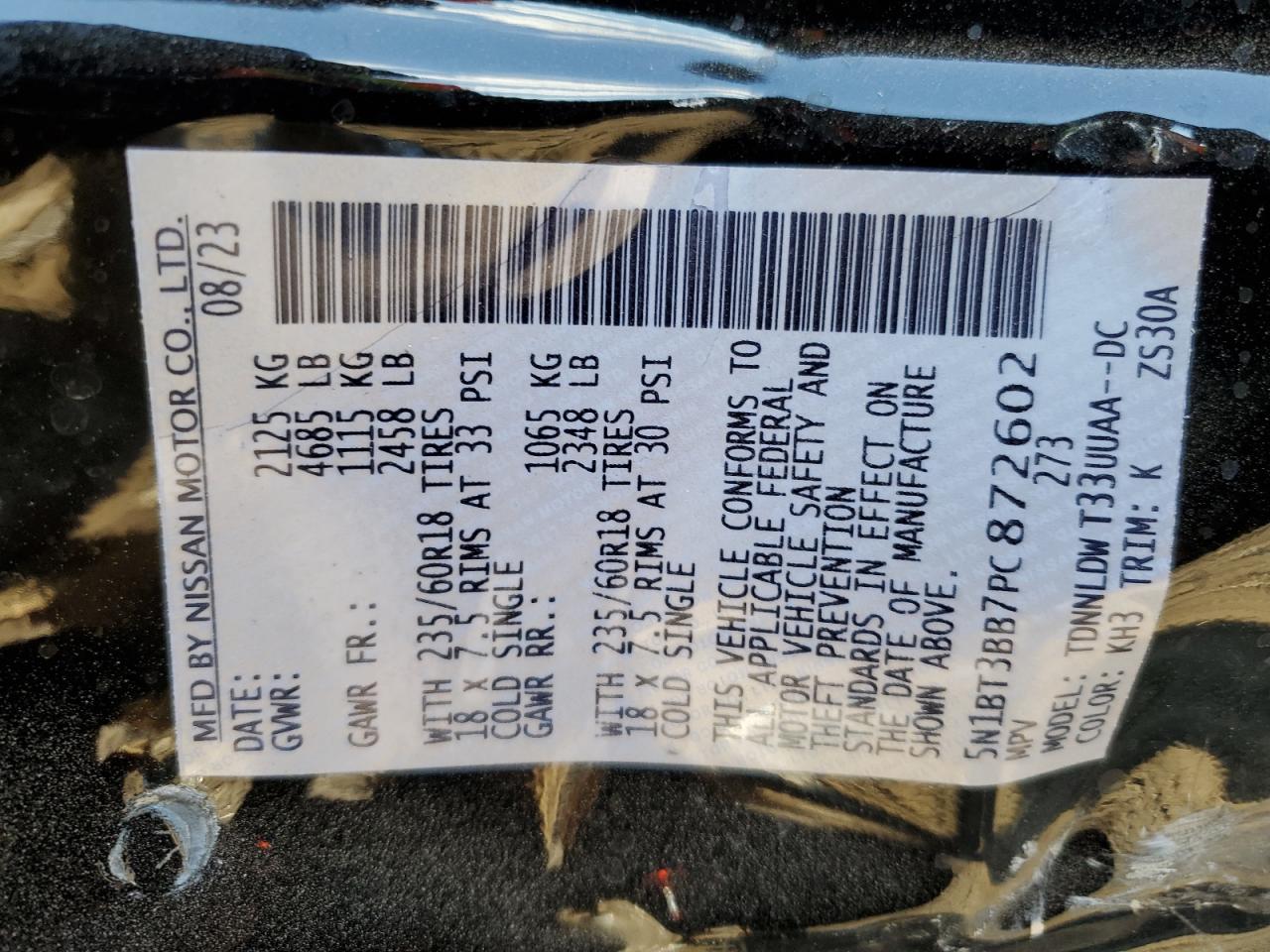 2023 NISSAN ROGUE SV VIN:5N1BT3BB7PC872602