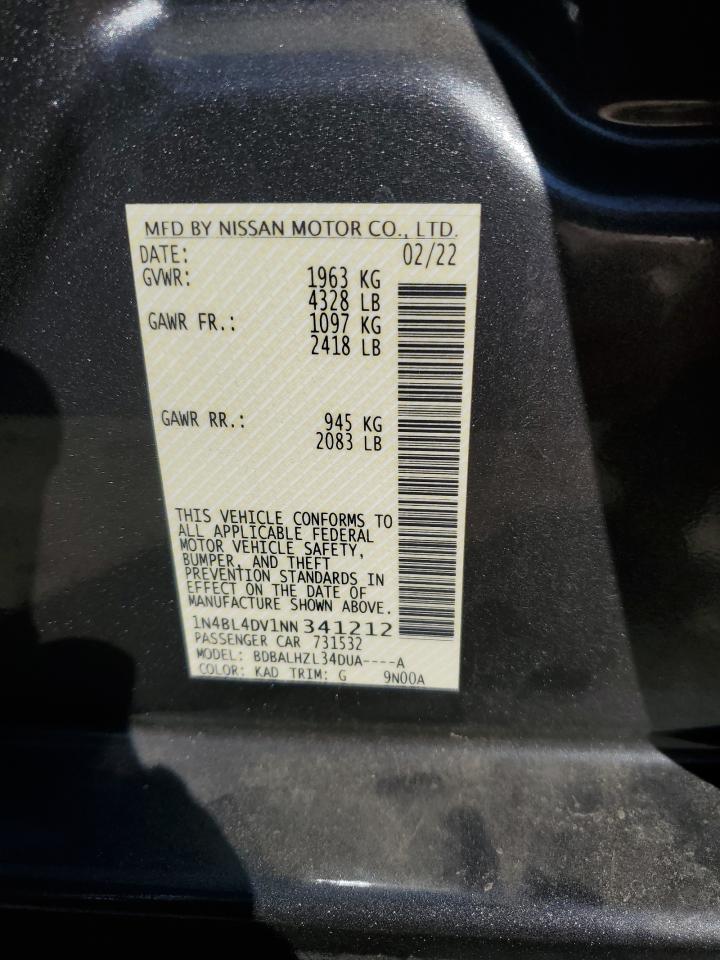 2022 NISSAN ALTIMA SV VIN:1N4BL4DV1NN341212