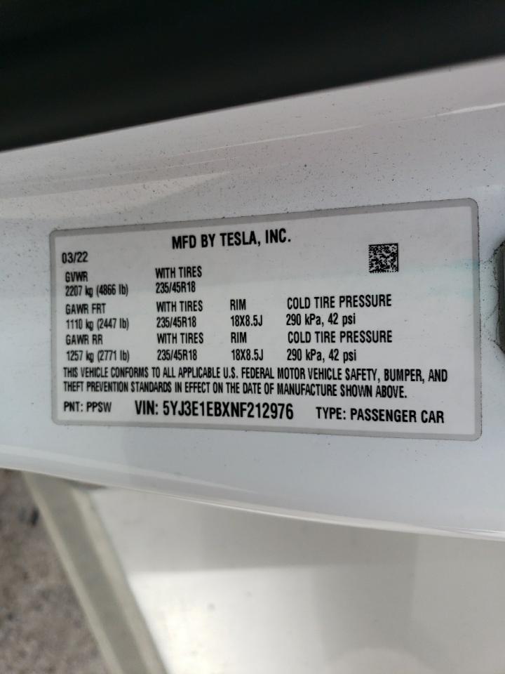 2022 TESLA MODEL 3 VIN:5YJ3E1EBXNF212976