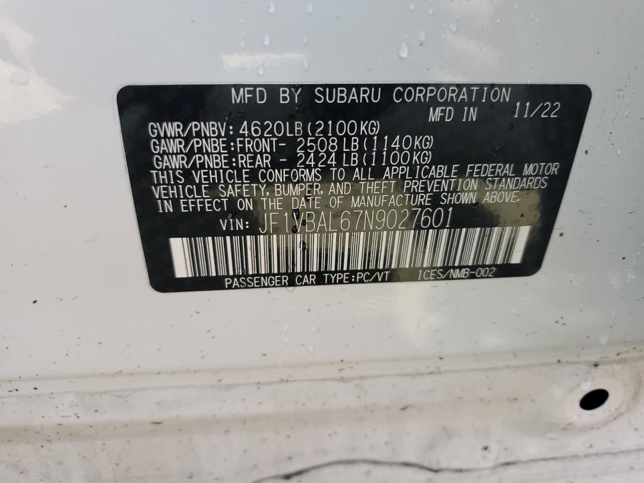 2022 SUBARU WRX LIMITED VIN:JF1VBAL67N9027601