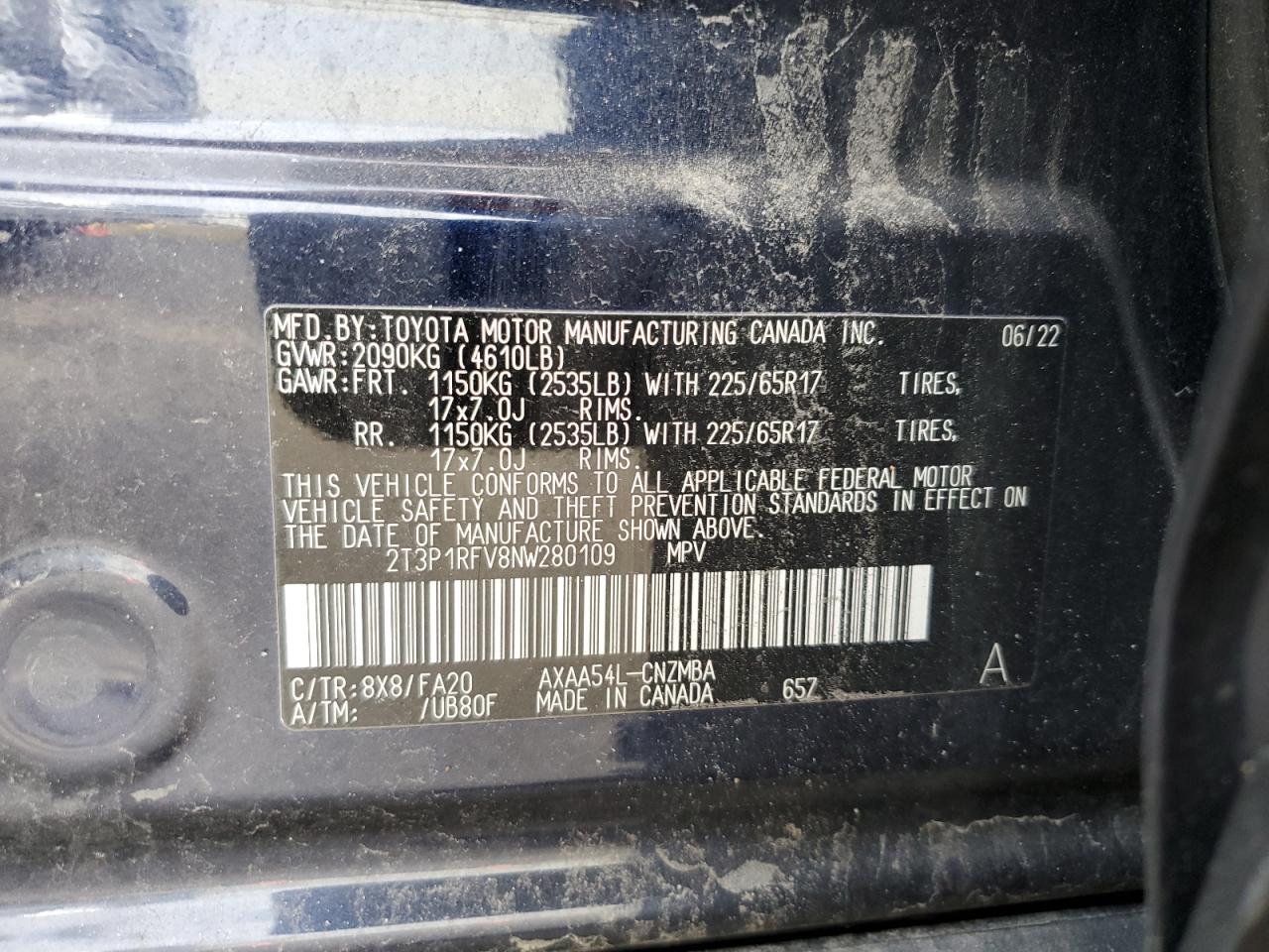 2022 TOYOTA RAV4 XLE VIN:2T3P1RFV8NW280109