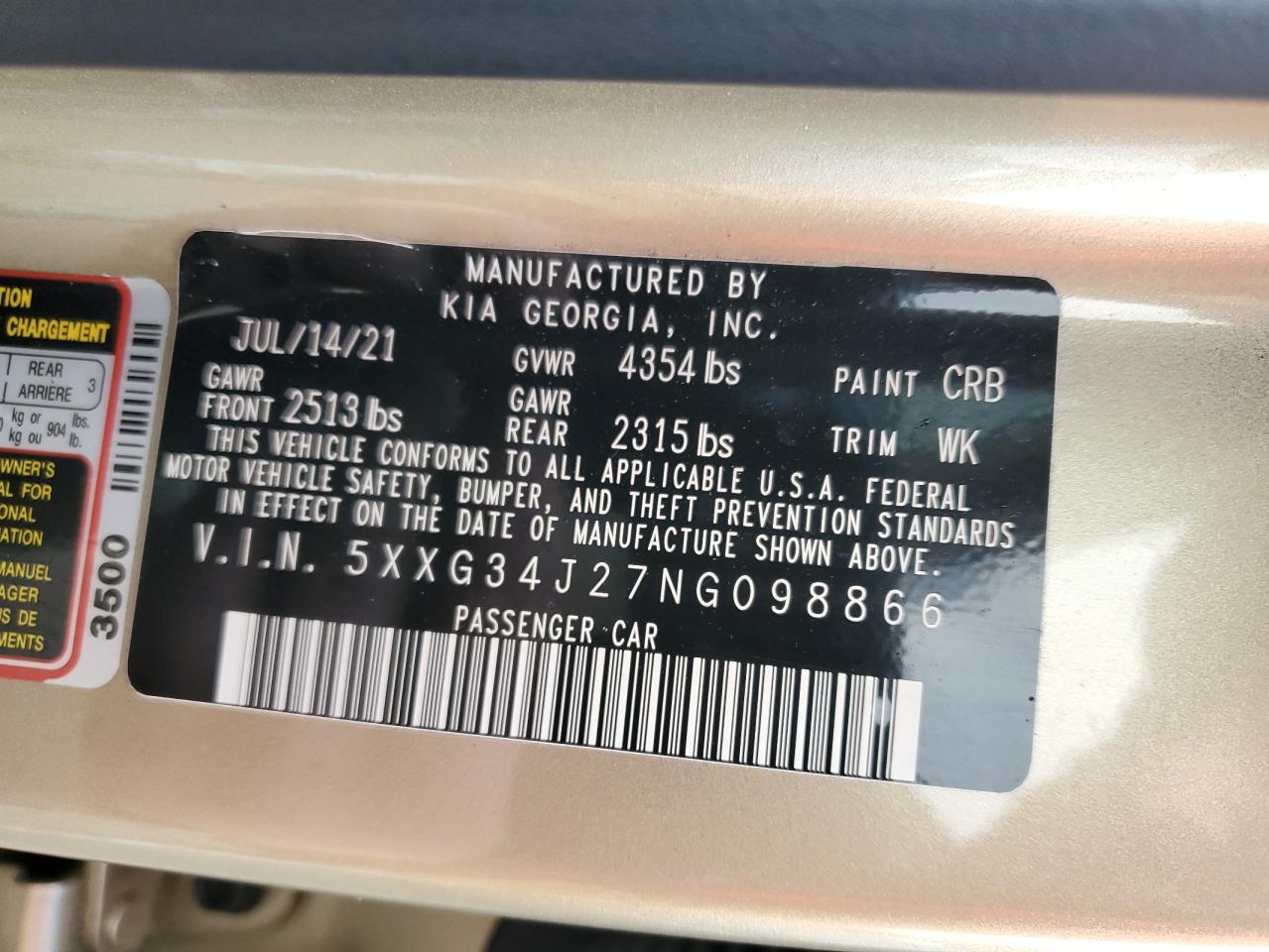 2022 KIA K5 EX VIN:5XXG34J27NG098866
