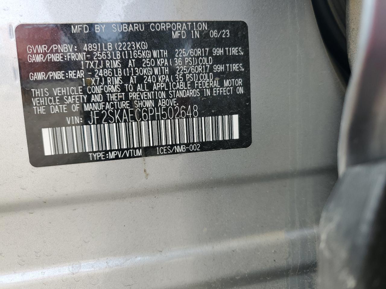 2023 SUBARU FORESTER PREMIUM VIN:JF2SKAEC6PH502648