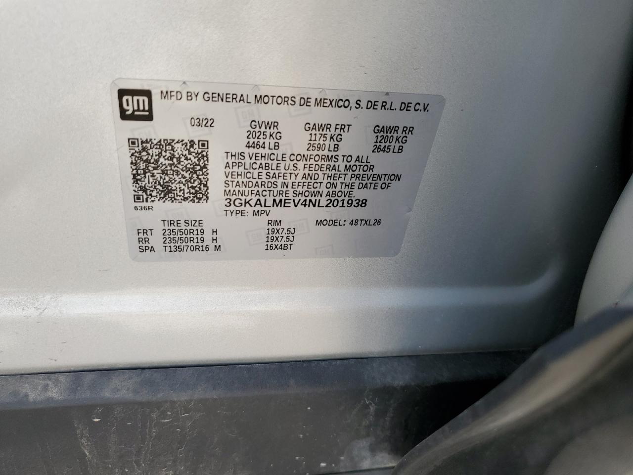 2022 GMC TERRAIN SLE VIN:3GKALMEV4NL201938