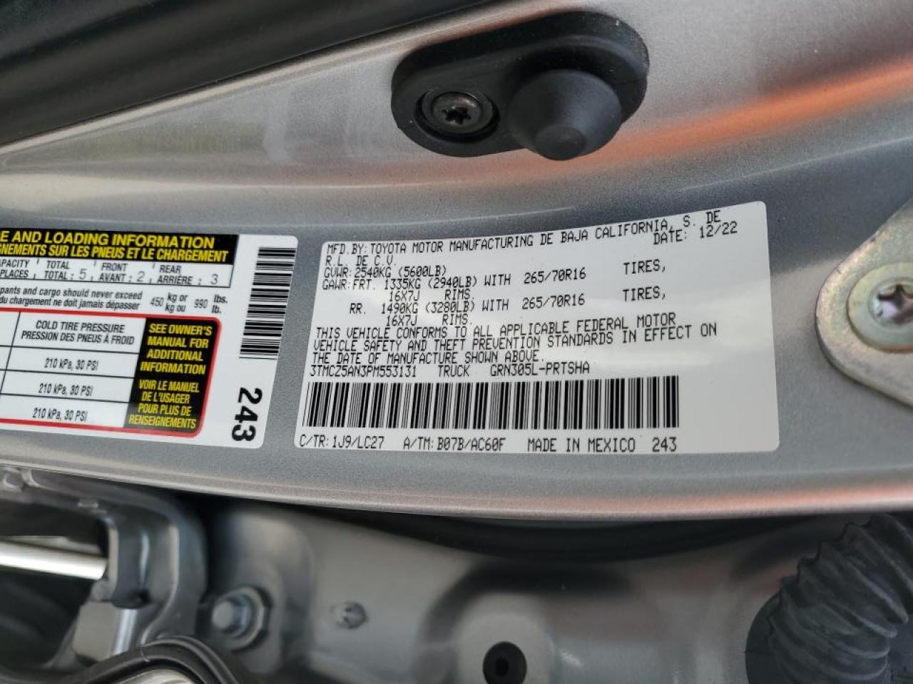 2023 TOYOTA TACOMA DOUBLE CAB VIN:3TMCZ5AN3PM553131