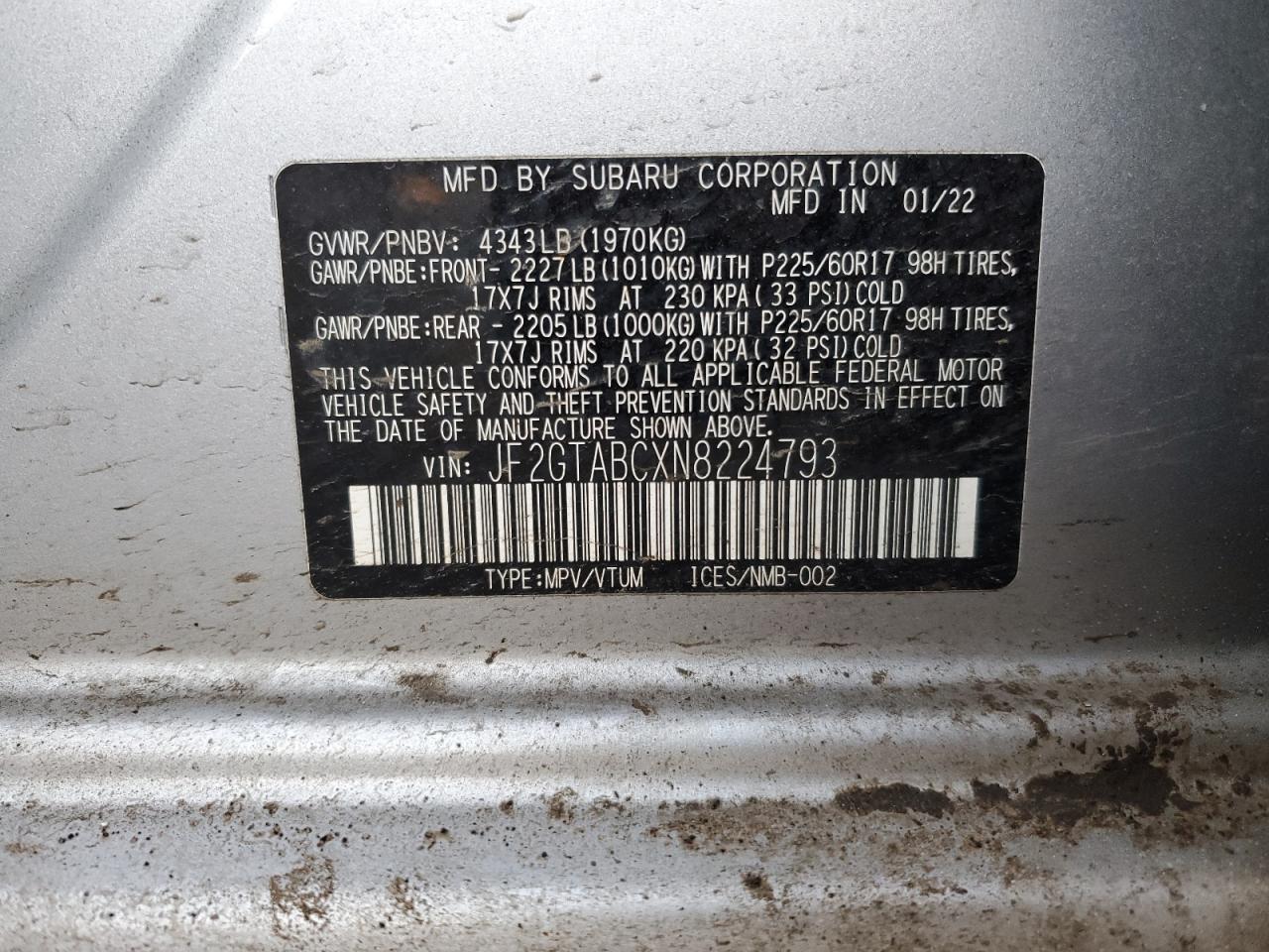 2022 SUBARU CROSSTREK VIN:JF2GTABCXN8224793