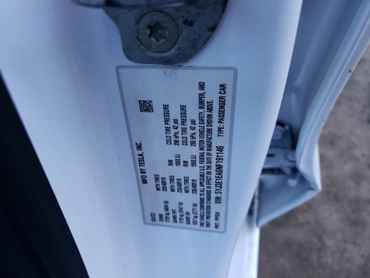 2022 TESLA MODEL 3 VIN:5YJ3E1EA6NF191146