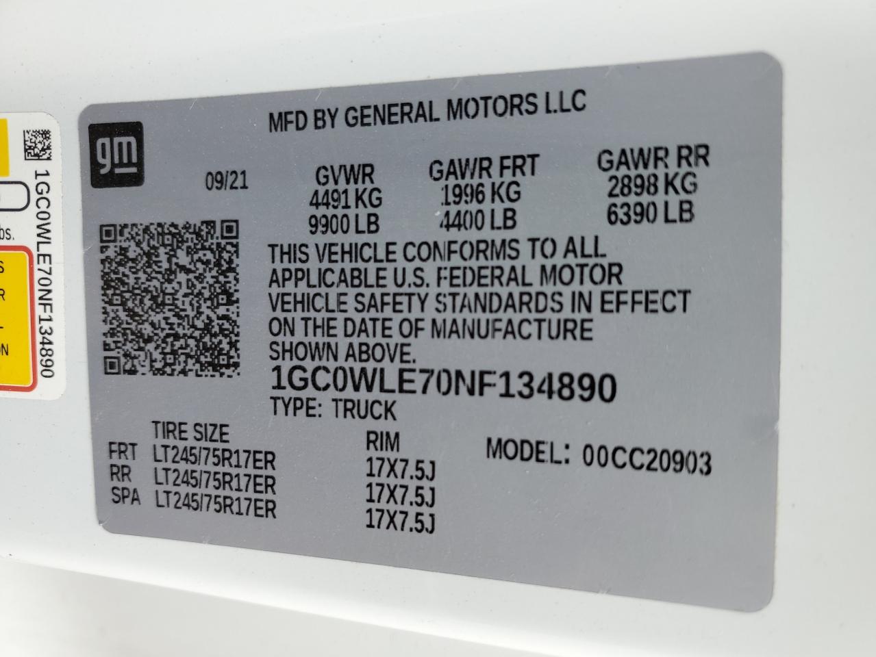 2022 CHEVROLET SILVERADO C2500 HEAVY DUTY VIN:1GC0WLE70NF134890