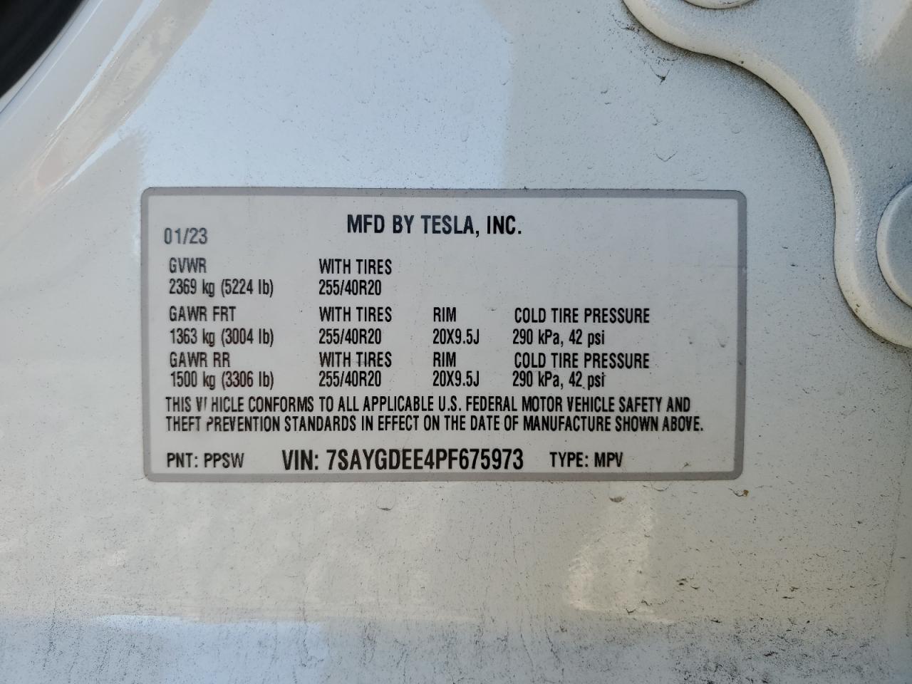 2023 TESLA MODEL Y VIN:7SAYGDEE4PF675973
