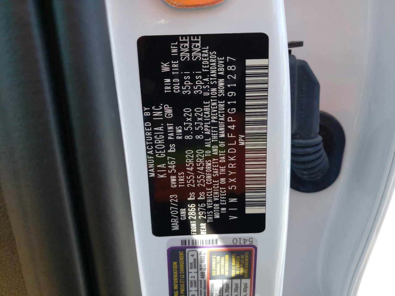 2023 KIA SORENTO SX VIN:5XYRKDLF4PG191287