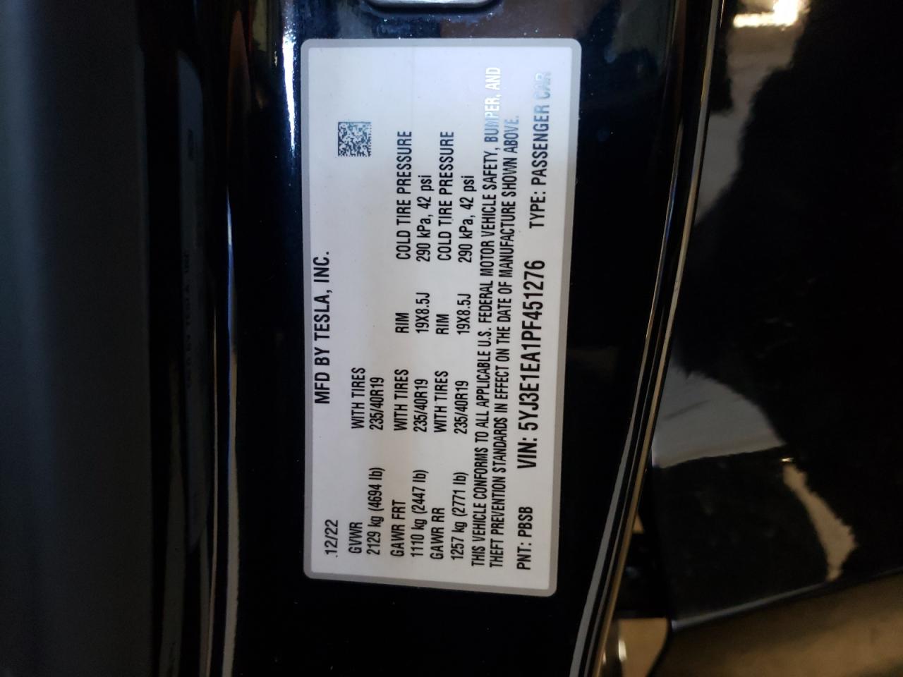 2023 TESLA MODEL 3 VIN:5YJ3E1EA1PF451276