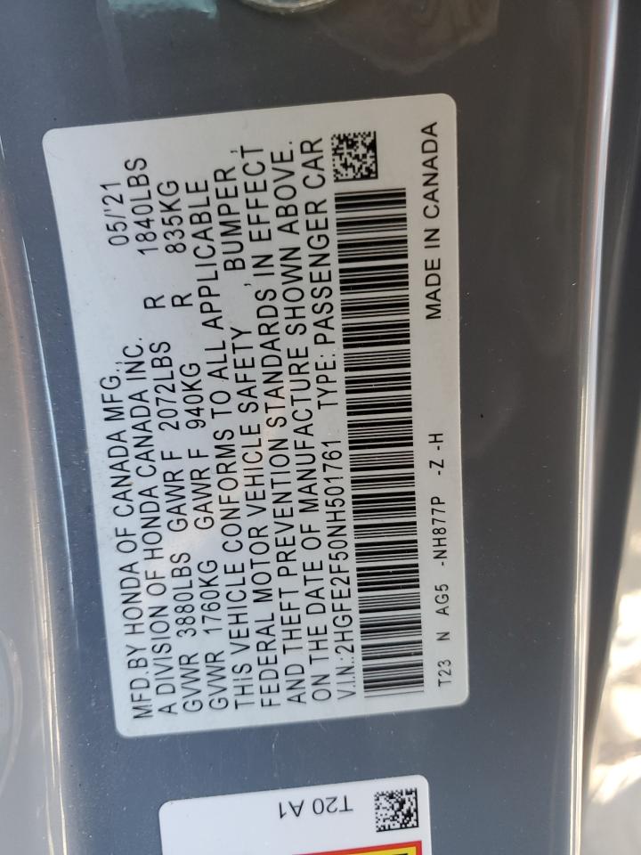2022 HONDA CIVIC SPORT VIN:2HGFE2F50NH501761