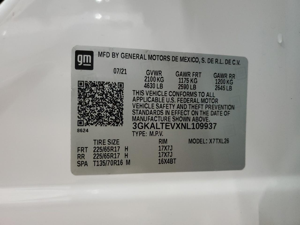 2022 GMC TERRAIN SLE VIN:3GKALTEVXNL109937