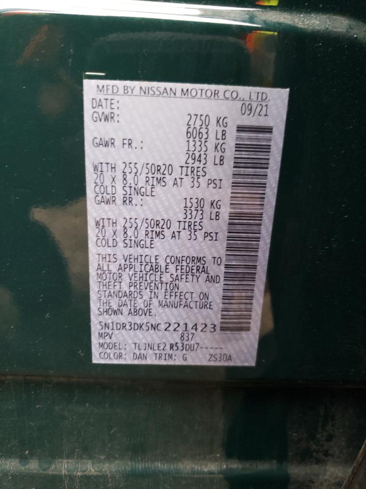 2022 NISSAN PATHFINDER PLATINUM VIN:5N1DR3DK5NC221423