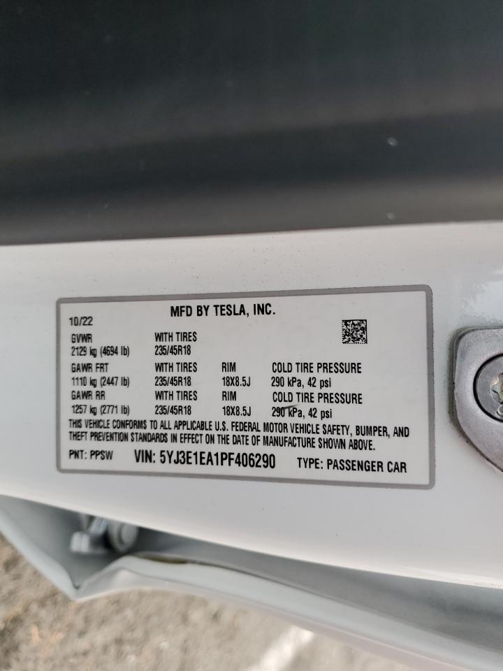 2023 TESLA MODEL 3 VIN:5YJ3E1EA1PF406290