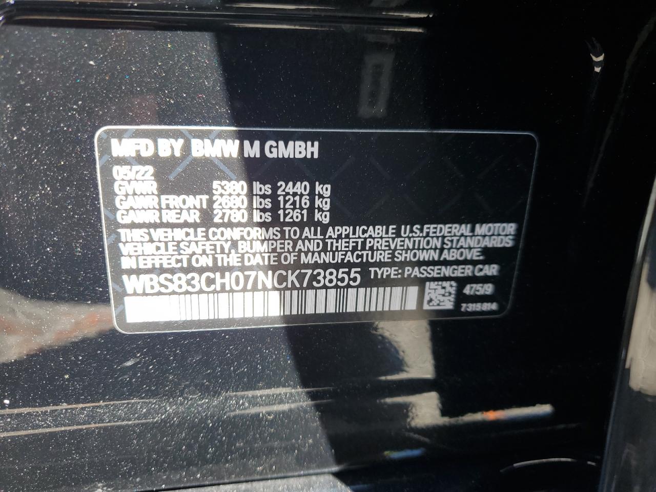 2022 BMW M5 VIN:WBS83CH07NCK73855