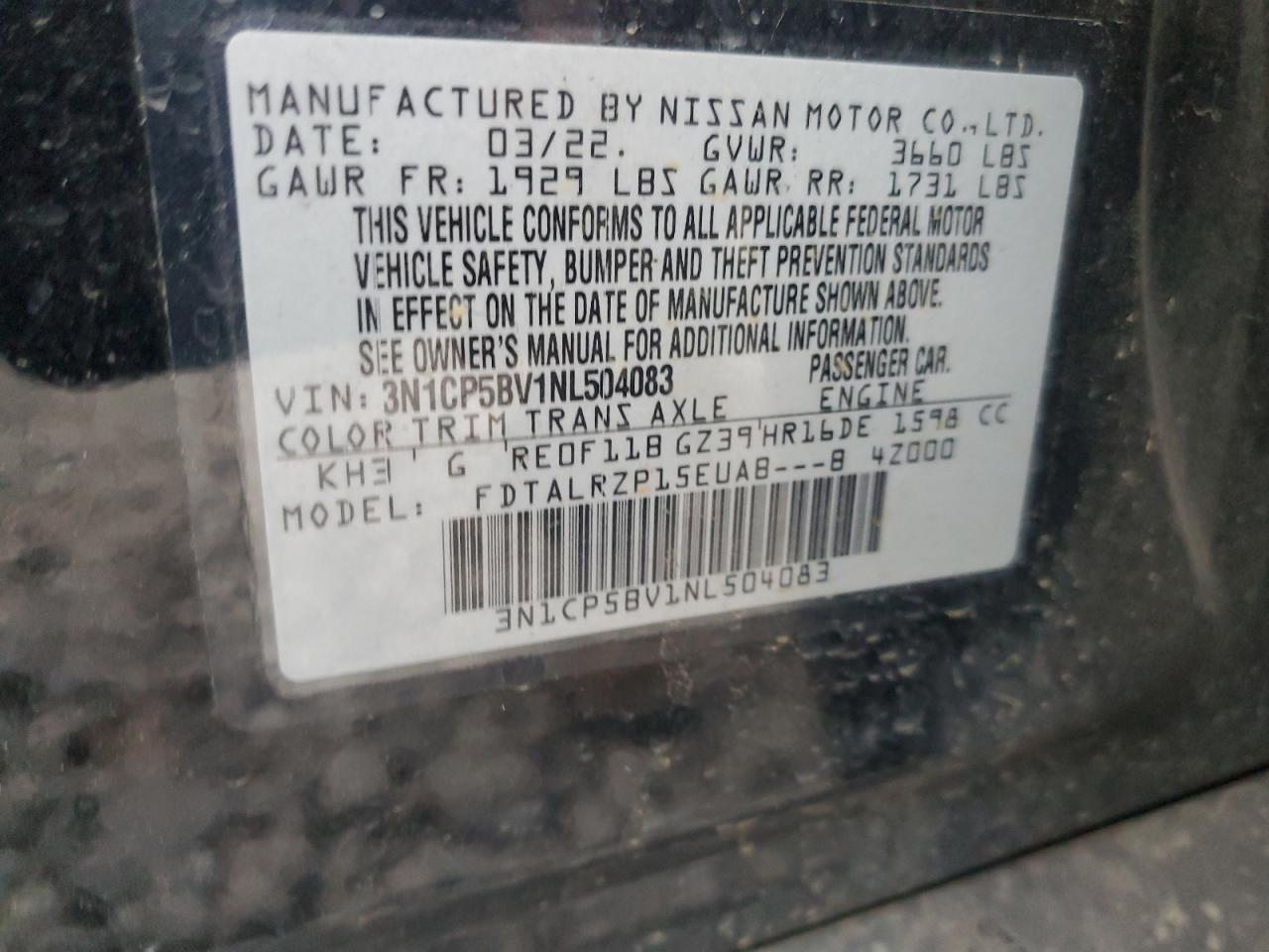 2022 NISSAN KICKS S VIN:3N1CP5BV1NL504083