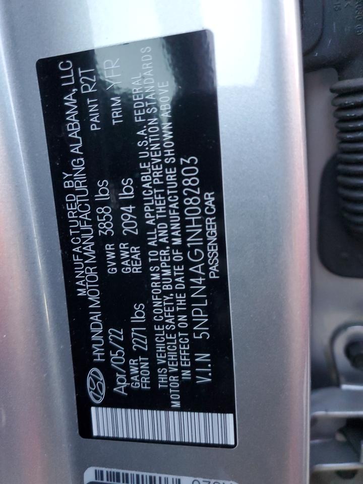 2022 HYUNDAI ELANTRA SEL VIN:5NPLN4AG1NH082803