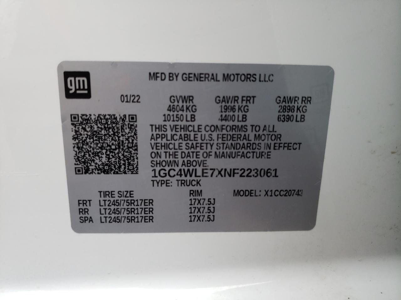 2022 CHEVROLET SILVERADO C2500 HEAVY DUTY VIN:1GC4WLE7XNF223061