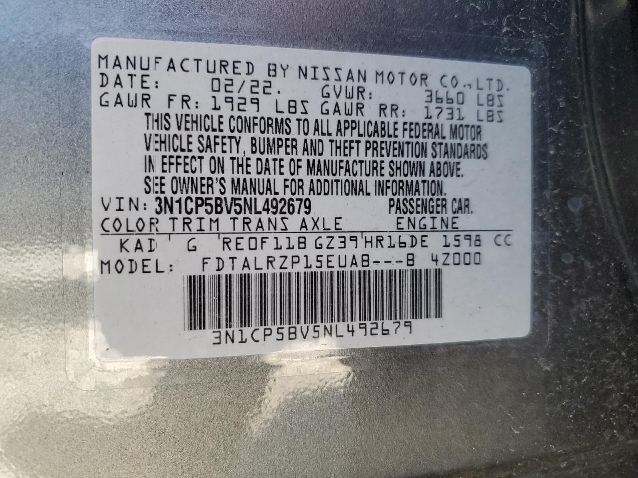 2022 NISSAN KICKS S VIN:3N1CP5BV5NL492679