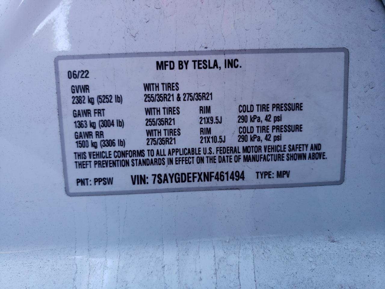 2022 TESLA MODEL Y VIN:7SAYGDEFXNF461494