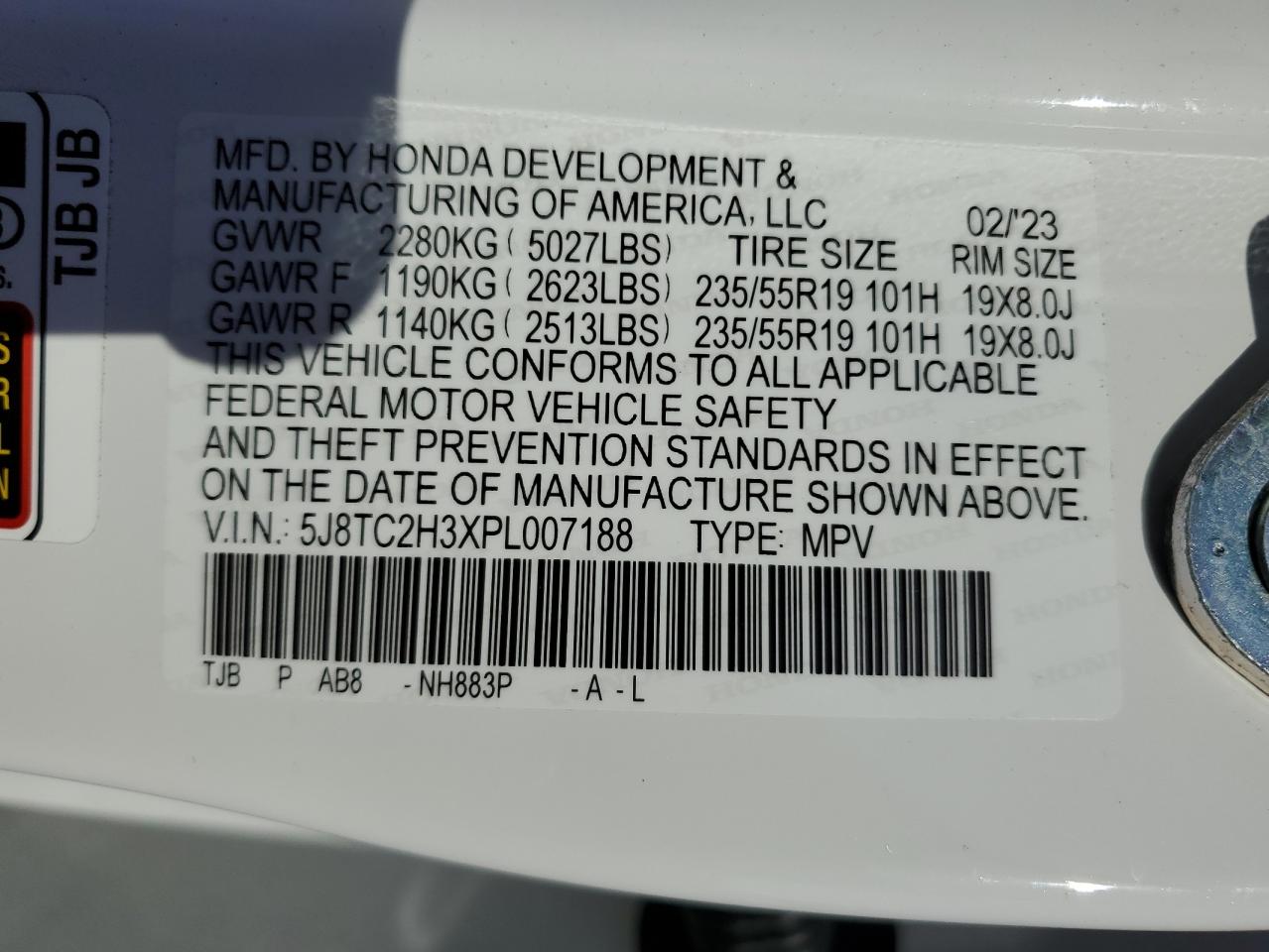 2023 ACURA RDX VIN:5J8TC2H3XPL007188