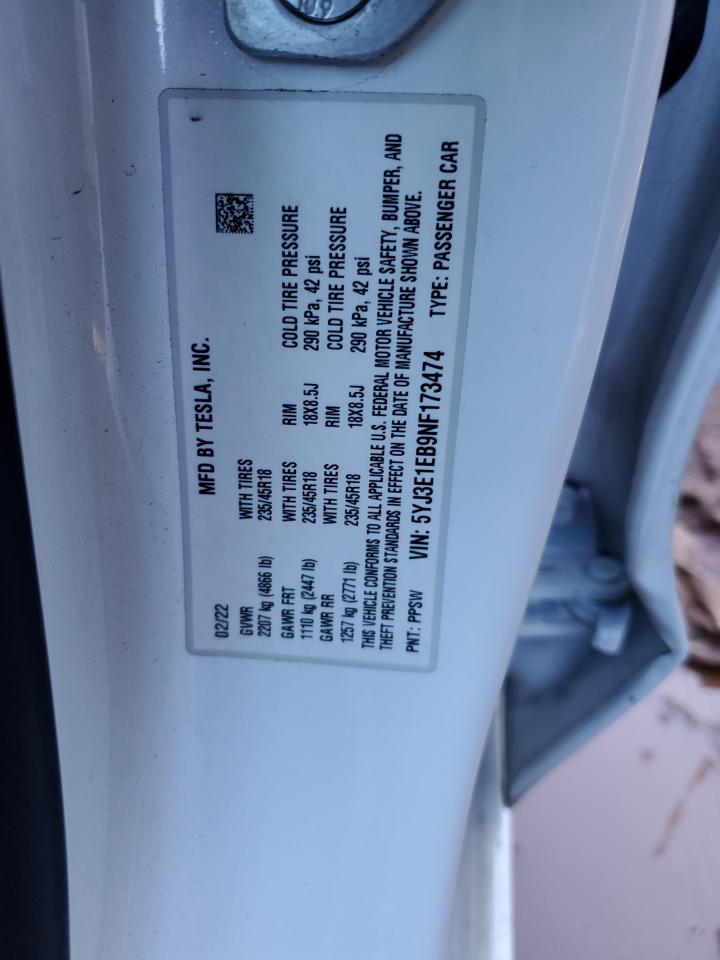 2022 TESLA MODEL 3 VIN:5YJ3E1EB9NF173474