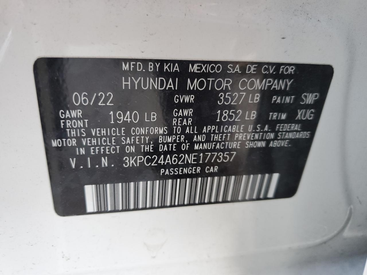 2022 HYUNDAI ACCENT SE VIN:3KPC24A62NE177357