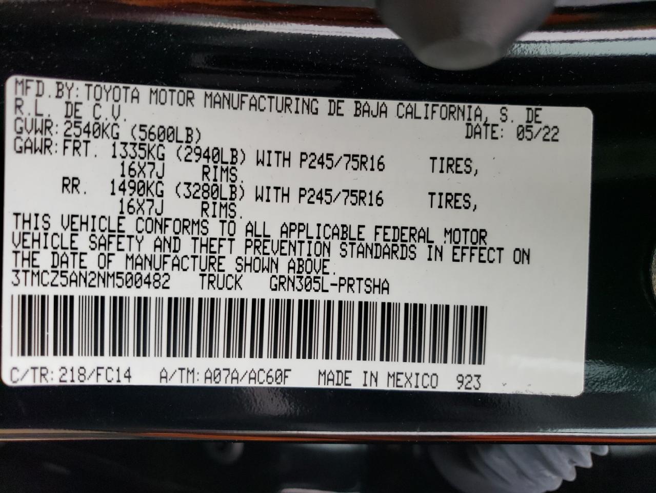 2022 TOYOTA TACOMA DOUBLE CAB VIN:3TMCZ5AN2NM500482