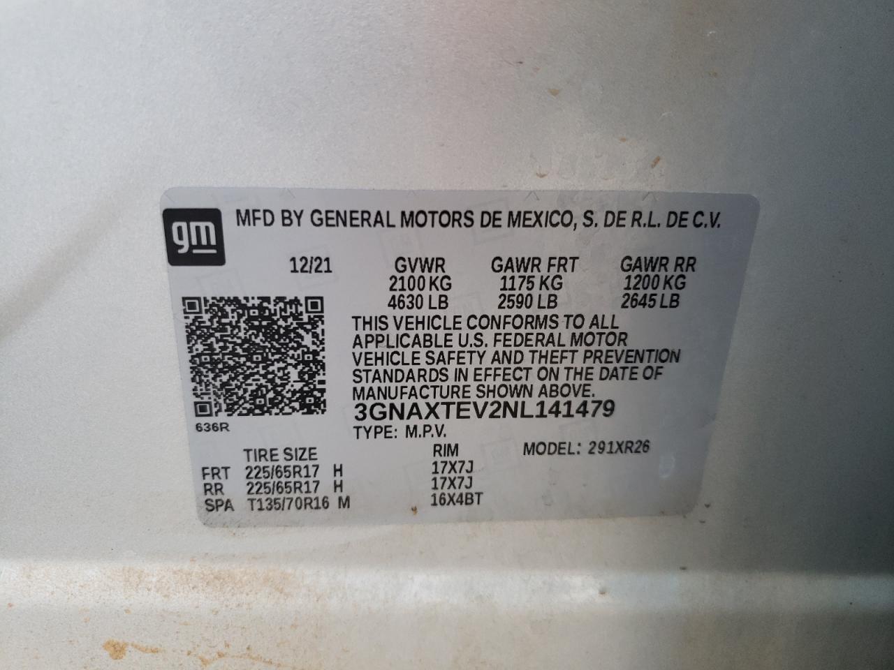 2022 CHEVROLET EQUINOX LT VIN:3GNAXTEV2NL141479