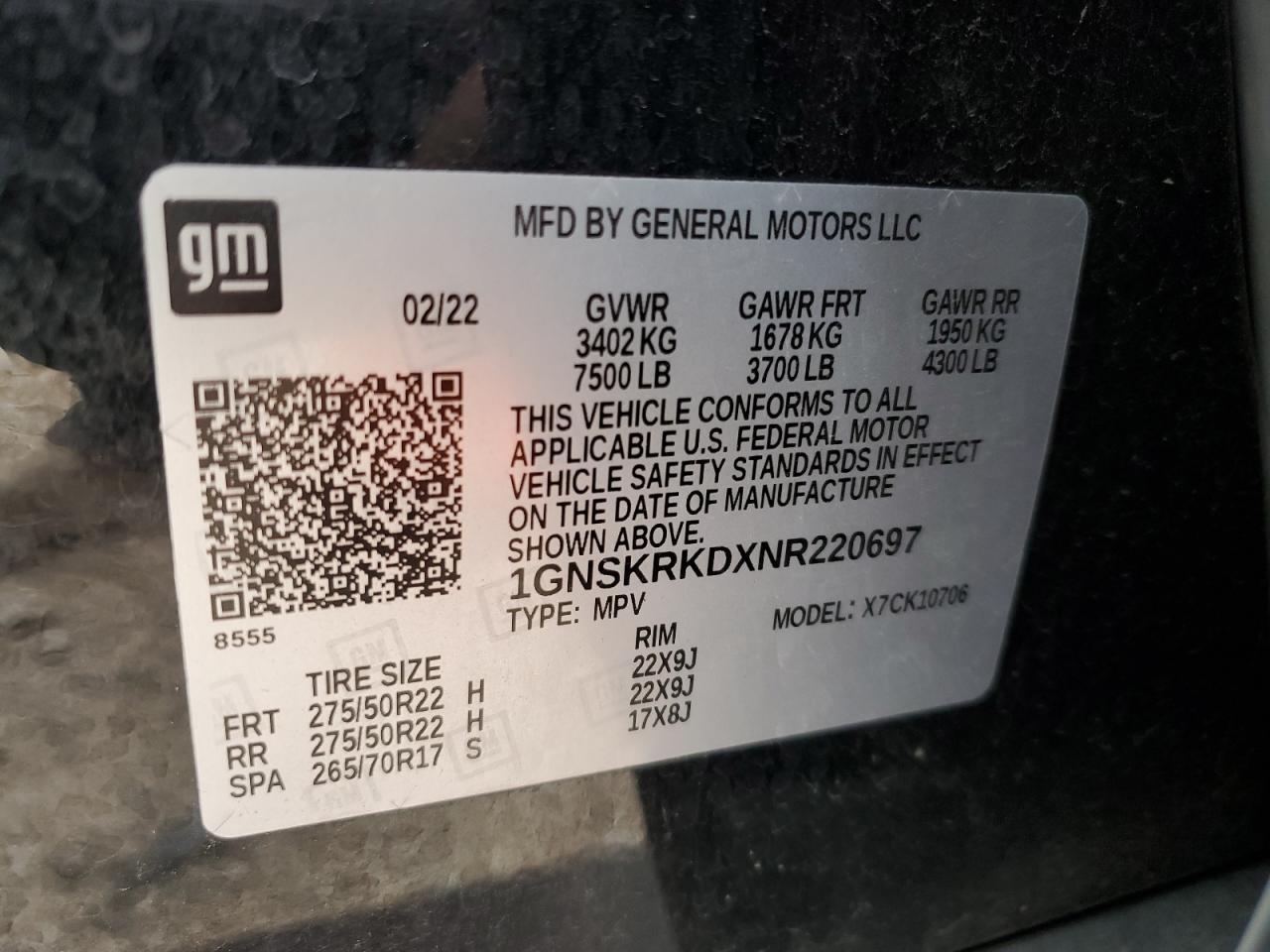 2022 CHEVROLET TAHOE K1500 RST VIN:1GNSKRKDXNR220697