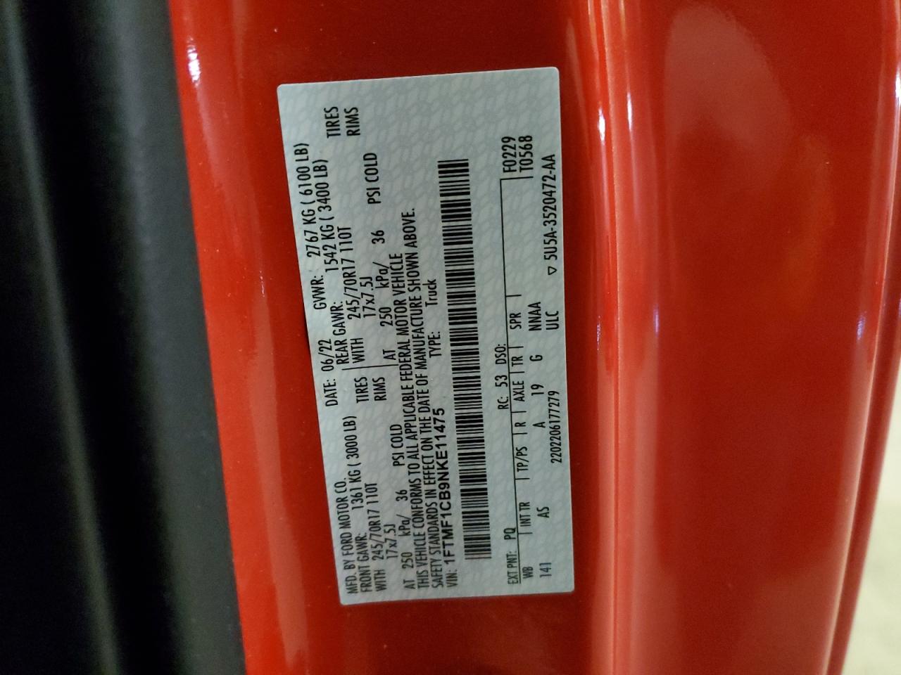 2022 FORD F150 VIN:1FTMF1CB9NKE11475